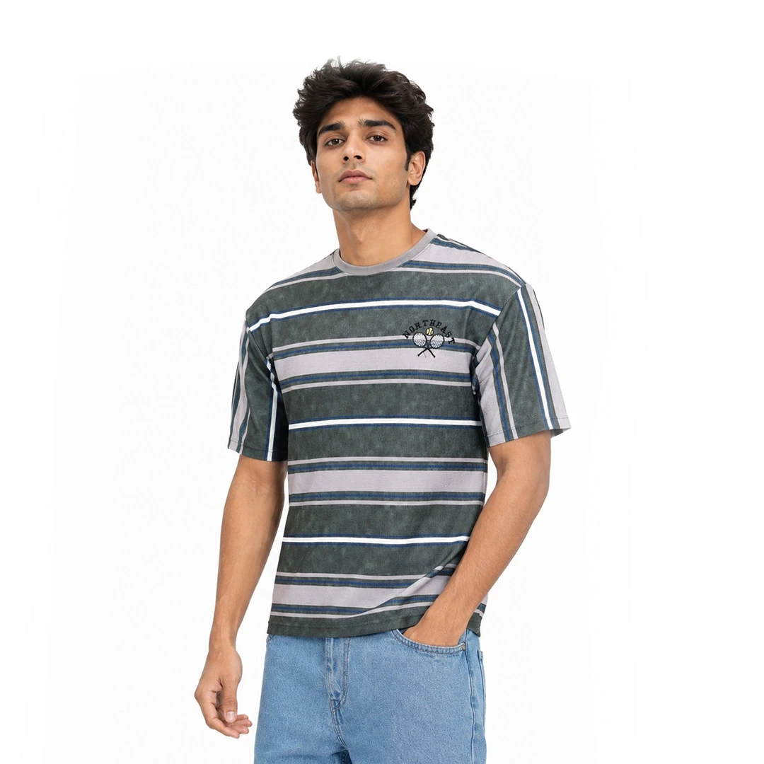 Men Striped Cotton Crew Neck T-Shirt