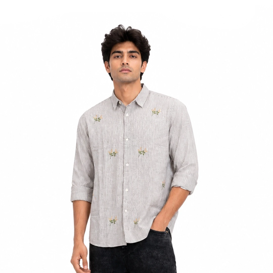 Men Striped Embroidered Cotton Casual Shirt