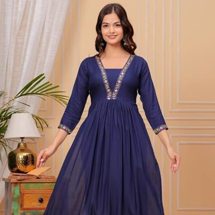 Kiaaron Women's Rayon Embroidered A-line Naira Cut Kurta