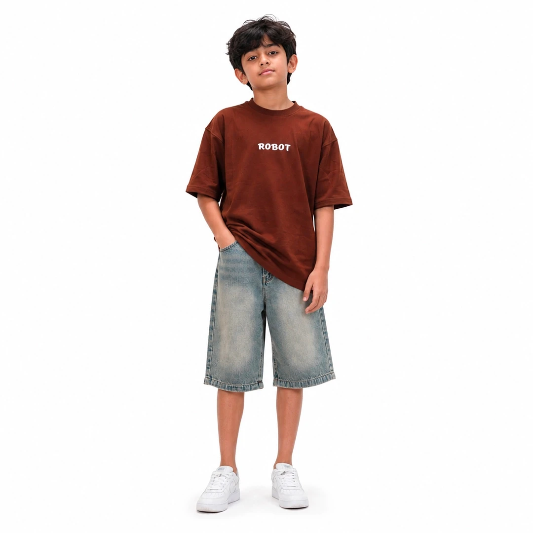 Boys Brown Printed Crew Neck T-Shirt