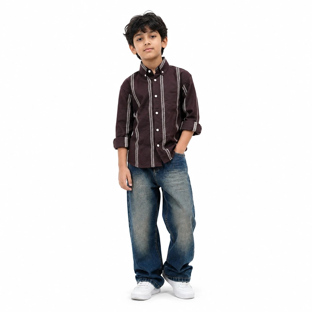 Boys Brown Contrast Stitch Regular Fit Shirt
