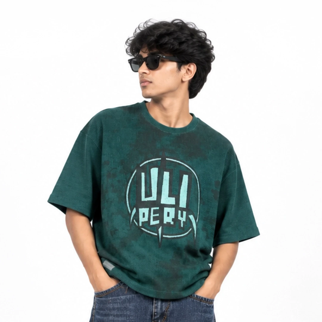 Men's Dark Green Oversized Graphic Print T-Shirt