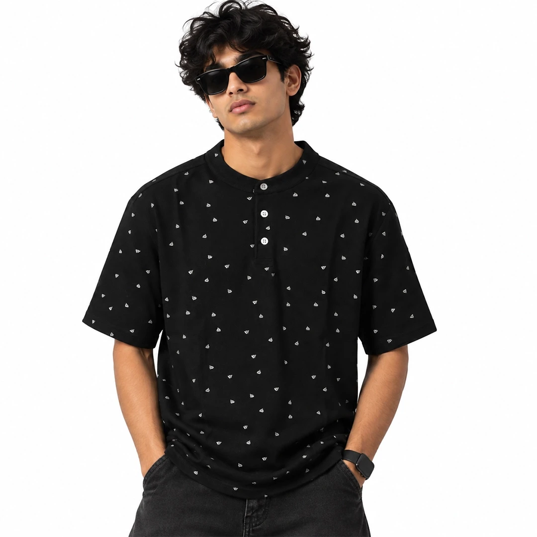 Men's Black All-Over Printed Mandarin Collar T-Shirt